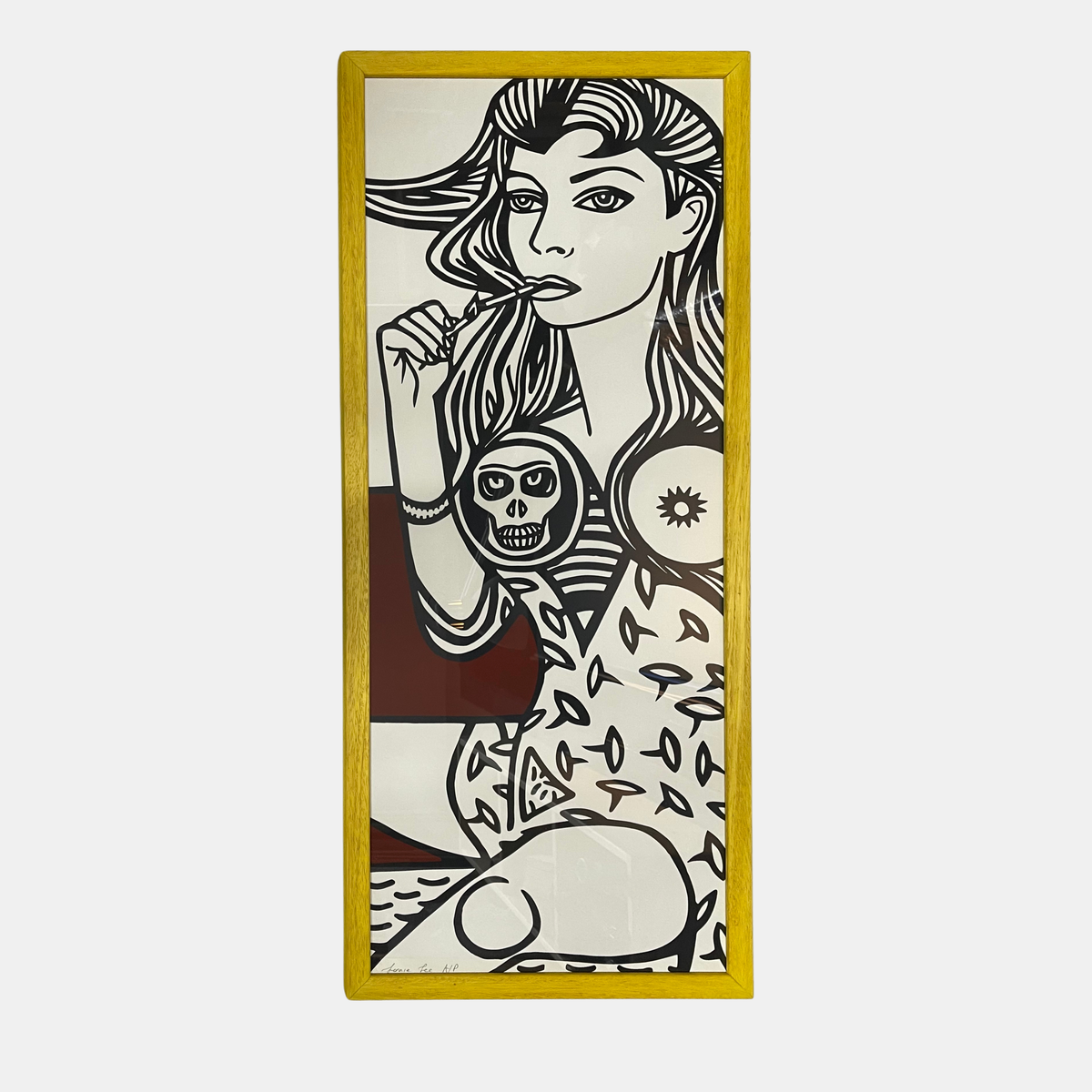 Artistic depiction of a woman with a skull design on a white background