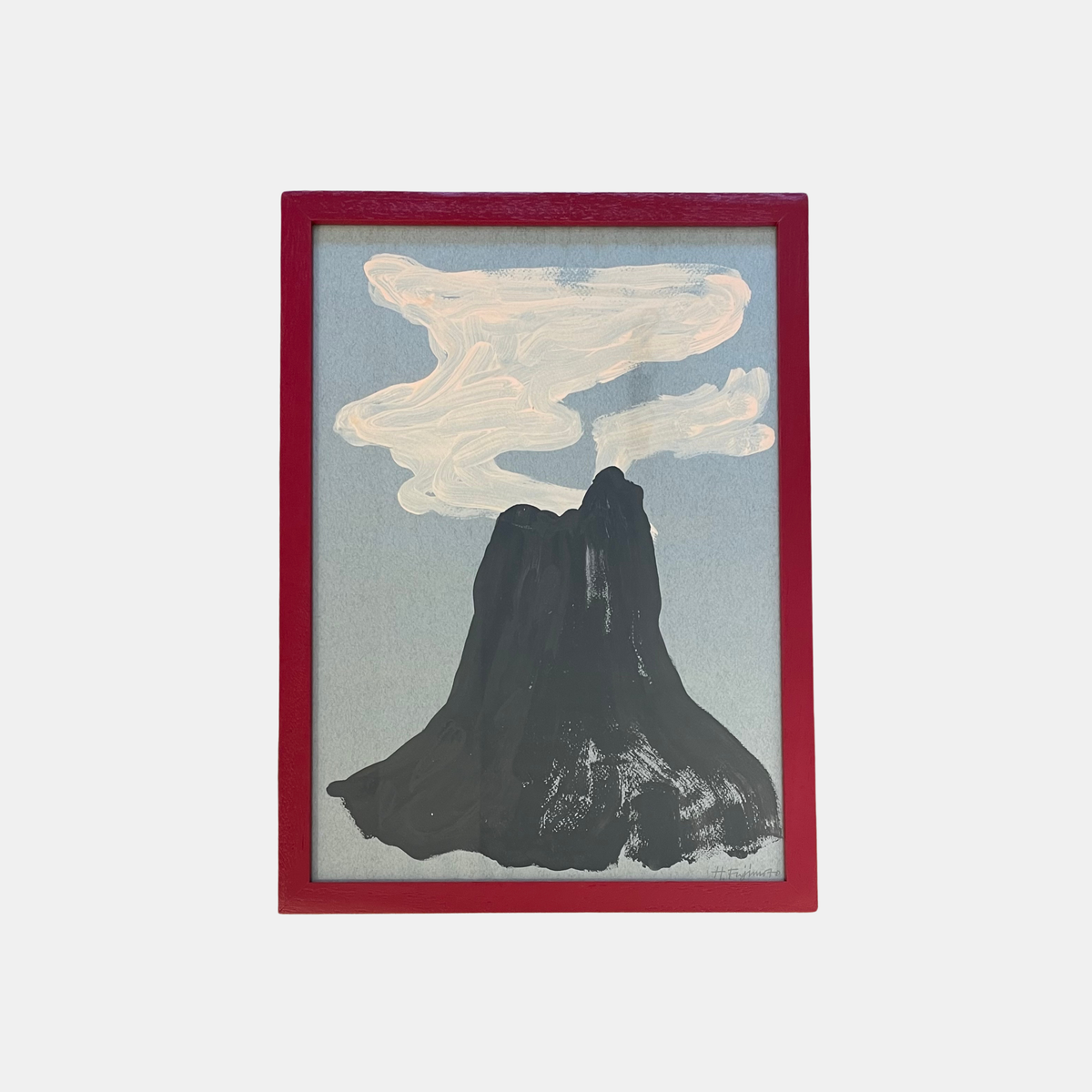 Framed artwork of a black silhouette against a light blue background with white clouds.