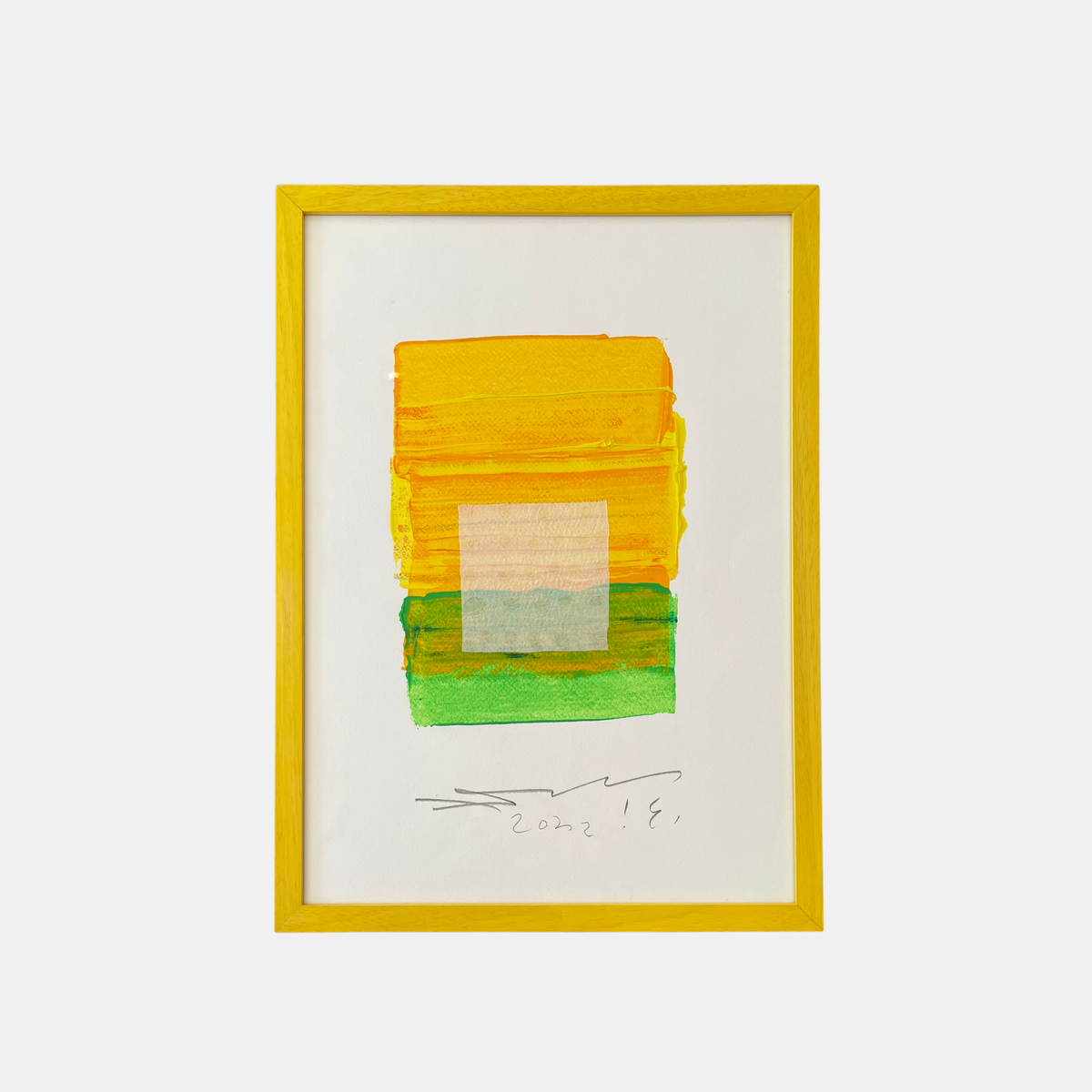 Framed abstract artwork with yellow, green, and white colors on a white background