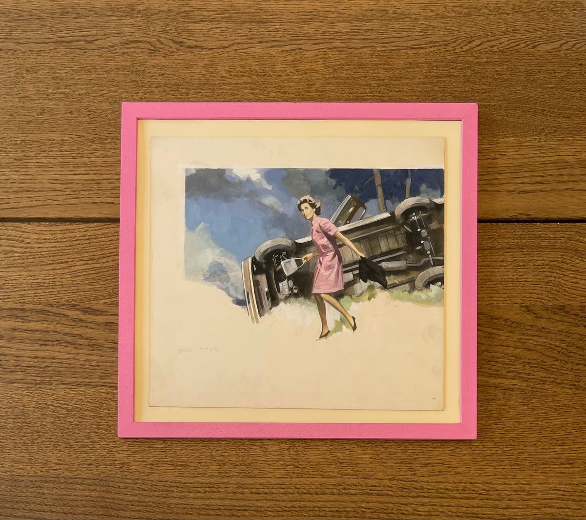 Vintage-style illustration of a woman in a pink dress standing next to an old car, framed with a pink border on a wooden surface.